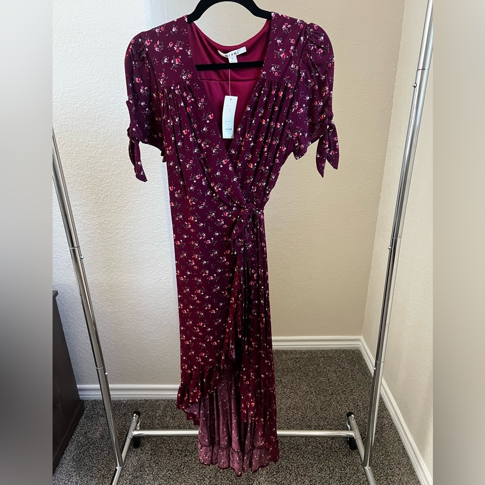 Red Floral Wrap Midi Dress - Size Large NWT
